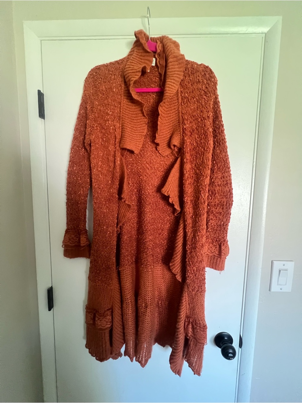 Rust Open-Front Long Knit Cardigan Sweater